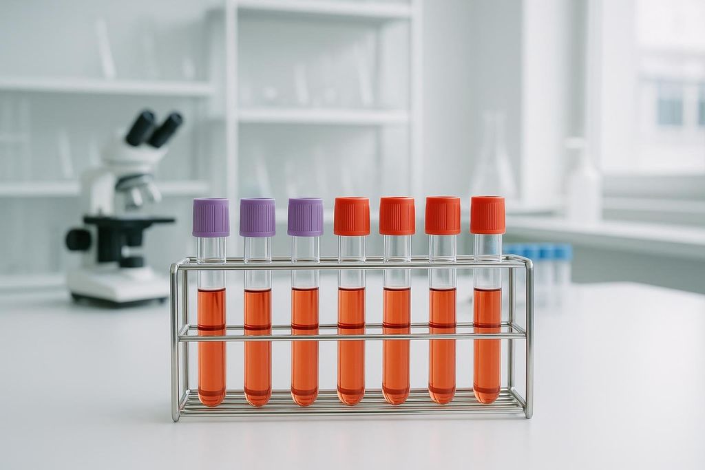 A metal rack holds eight clear medical test vials, three with purple caps and five with red caps, all containing a red liquid. In the background, a white microscope is visible on a laboratory bench with white shelves and glassware.
