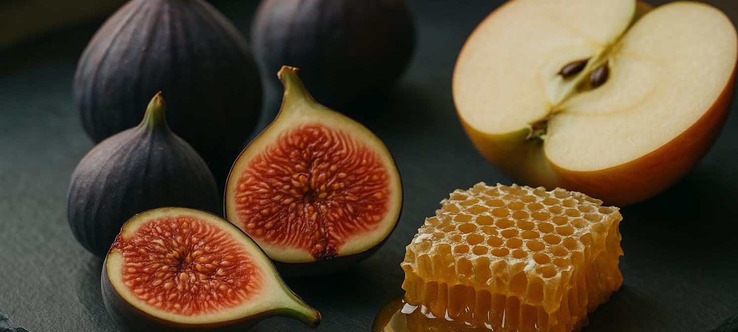 An artistic shot of whole and sliced figs, a half-cut apple, and a chunk of honeycomb with honey drizzling, all arranged on a dark surface.