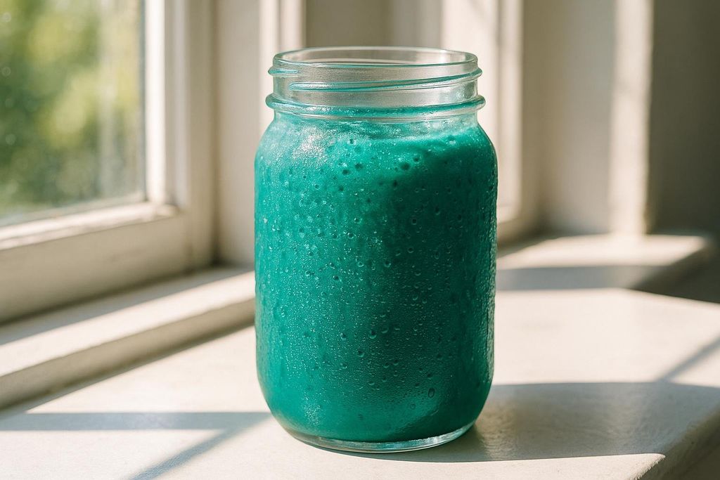 A vibrant blue-green spirulina smoothie in a glass mason jar, glistening with condensation, sits on a sunlit windowsill with a blurry outdoor background.