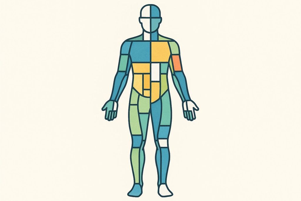 An abstract representation of a human body made of various colored blocks, symbolizing body composition data like fat and lean mass distribution.