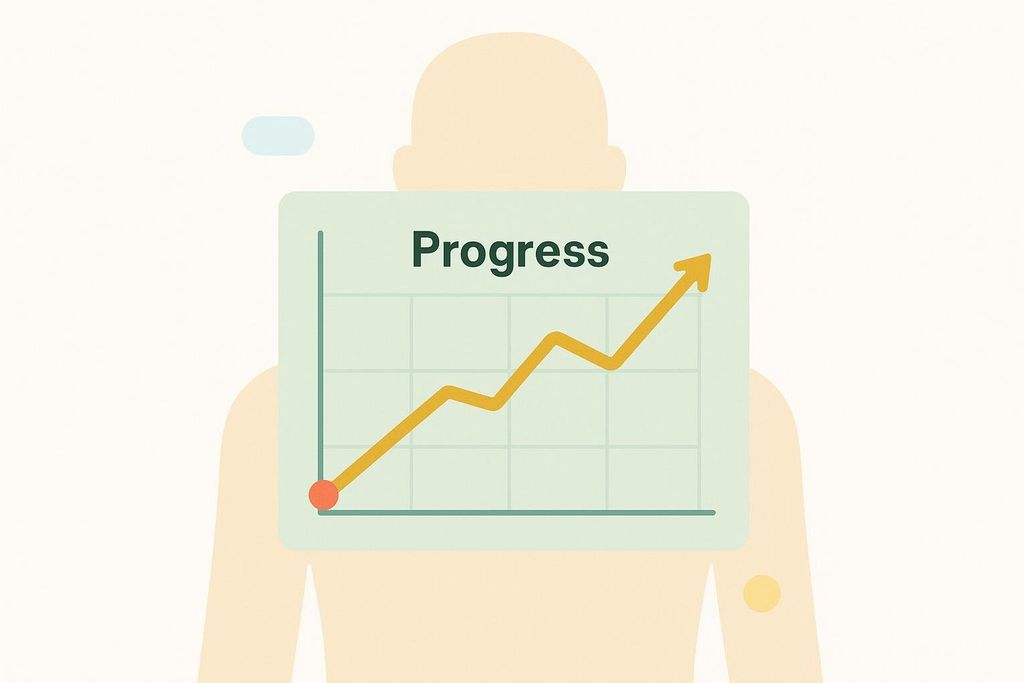 An illustration showing a line graph labeled 'Progress' with an upward-trending orange line and arrow, superimposed over the outline of a human body, suggesting improvement in body composition or health over time.