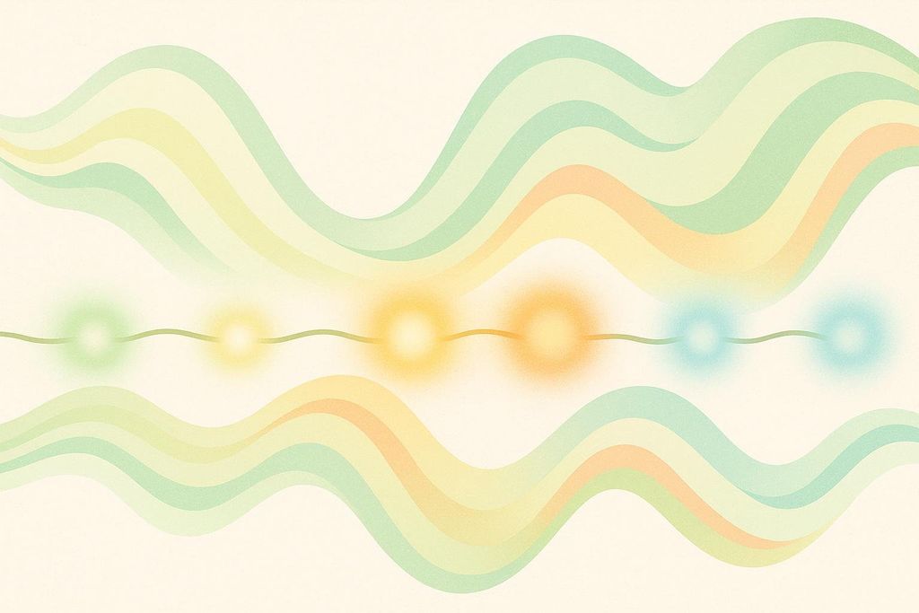 An abstract illustration depicting electrical impedance and body resistance with wavy pastel colored lines and glowing orb-like connections along a central line.