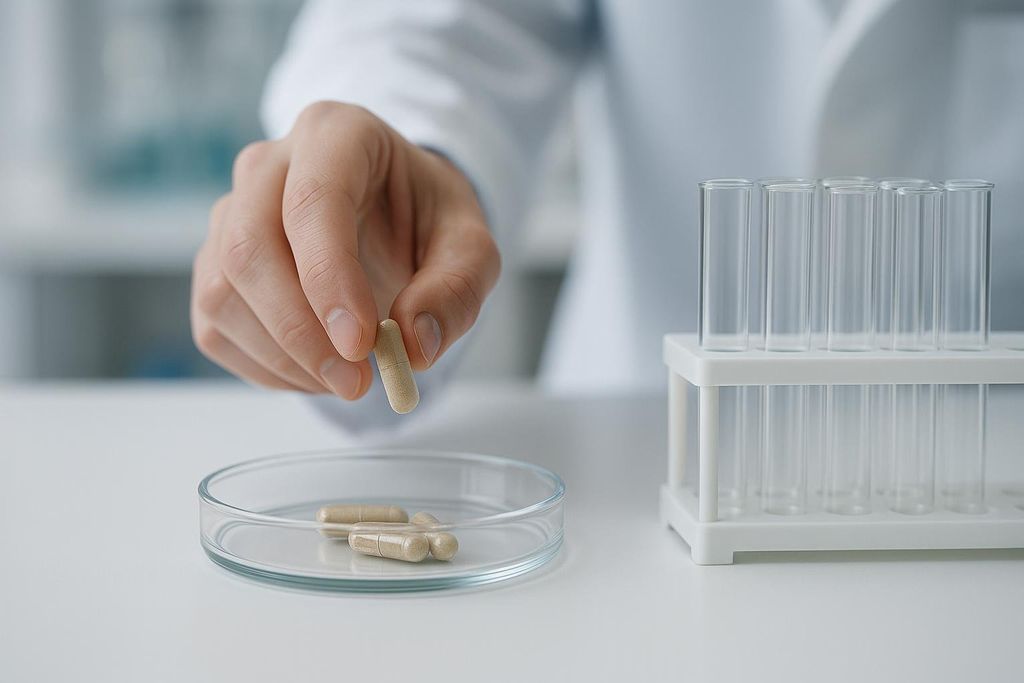 A scientist holds a supplement capsule over a petri dish containing other capsules, with test tubes in a rack in the background.