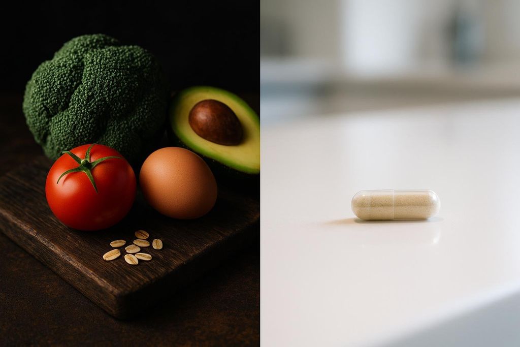 A stylized split view comparing rustic natural foods (broccoli, tomato, egg, avocado, and oat groats) with a modern supplement capsule on a white surface.