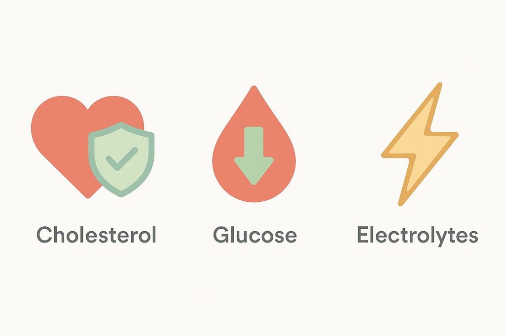 Three icons illustrating health benefits for keto ACV gummies: a heart with a shield and checkmark for improved cholesterol, a blood drop with a downward arrow for lower glucose, and a lightning bolt for balanced electrolytes.
