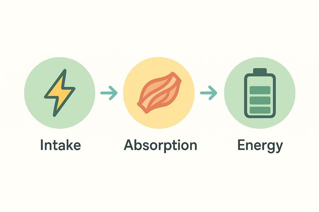 A simple workflow diagram showing three circles with arrows connecting them: 'Intake' represented by a lightning bolt, 'Absorption' represented by a muscle icon, and 'Energy' represented by a full battery icon.