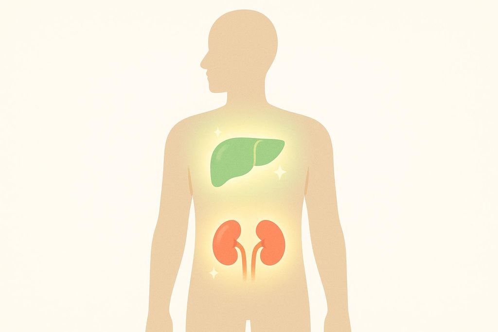 An illustration of a healthy liver and kidneys glowing brightly inside a human silhouette, symbolizing the body's natural detoxification system.