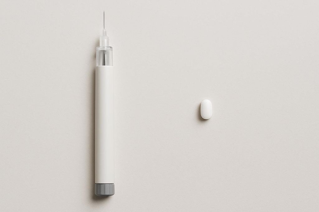A white injectable pen with a needle on the left, next to a small white oral pill on the right, both on a plain light background.
