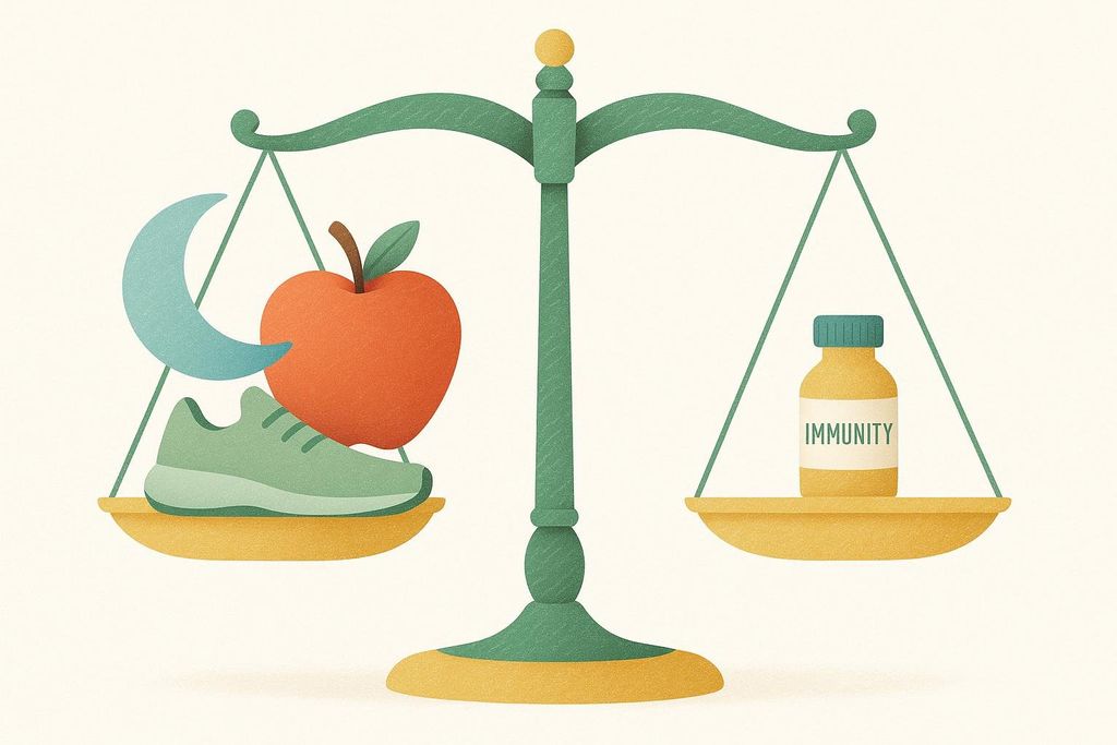 An illustration depicts a scale. The left side is heavily weighted by icons representing sleep (a crescent moon), nutrition (an apple), and exercise (a running shoe). The right side holds a small bottle labeled 'IMMUNITY', which is visibly much lighter and higher on the scale, suggesting that healthy lifestyle choices outweigh the need for immunity supplements.
