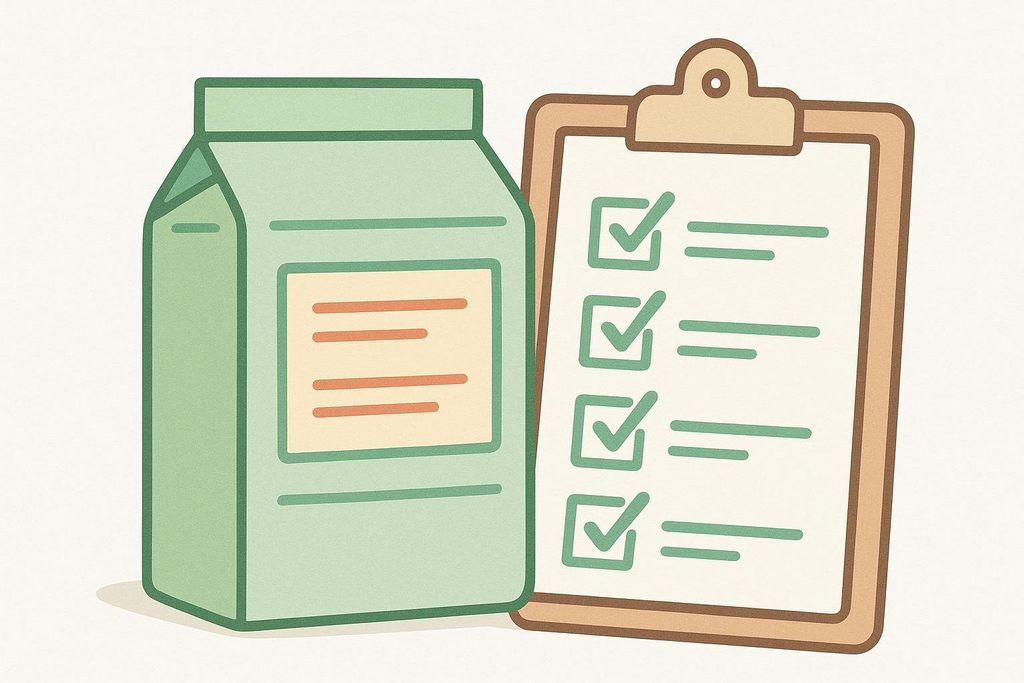 An illustration depicting a green product package next to a clipboard with a checklist. All items on the checklist are marked with a green checkmark, suggesting successful evaluation.