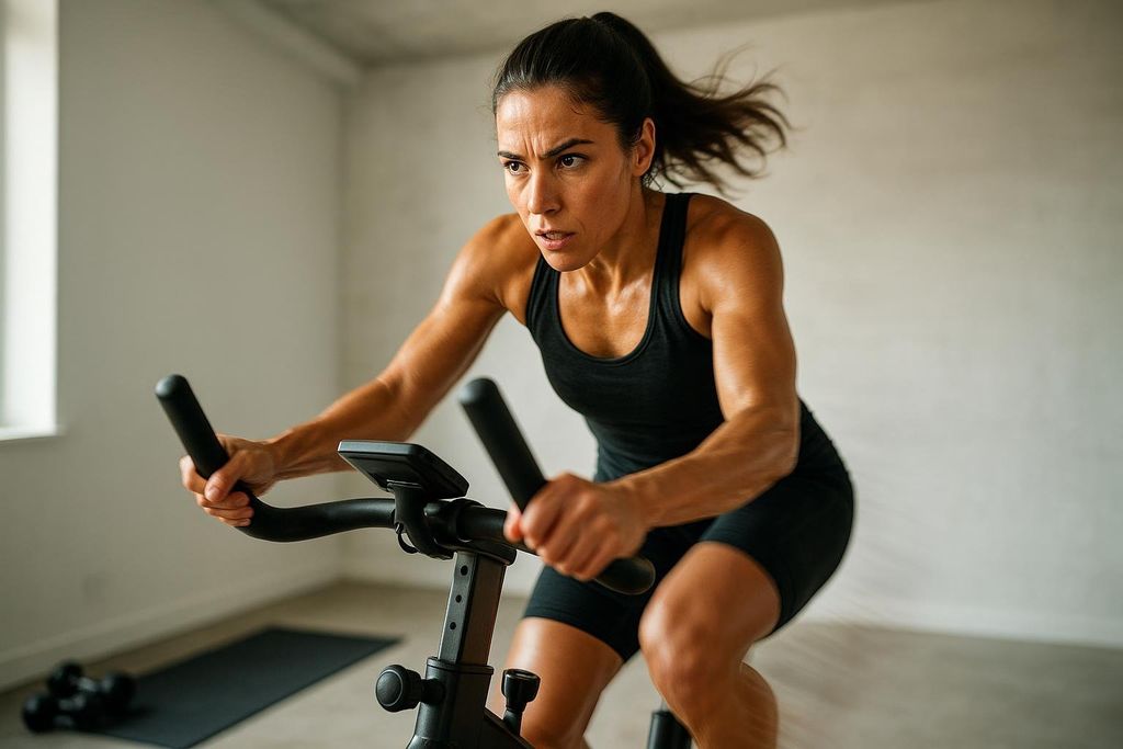 A focused woman in black athletic wear is vigorously exercising on a stationary bike, indicating a high-intensity interval training (HIIT) session for cardiovascular health. Her hair is tied back in a ponytail and appears somewhat blurred from movement, suggesting intense effort.