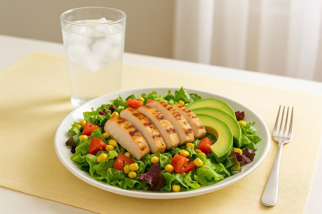 A colorful salad with grilled chicken slices, sliced avocado, diced tomatoes, and corn on a bed of mixed greens. A glass of water with ice is next to the plate.
