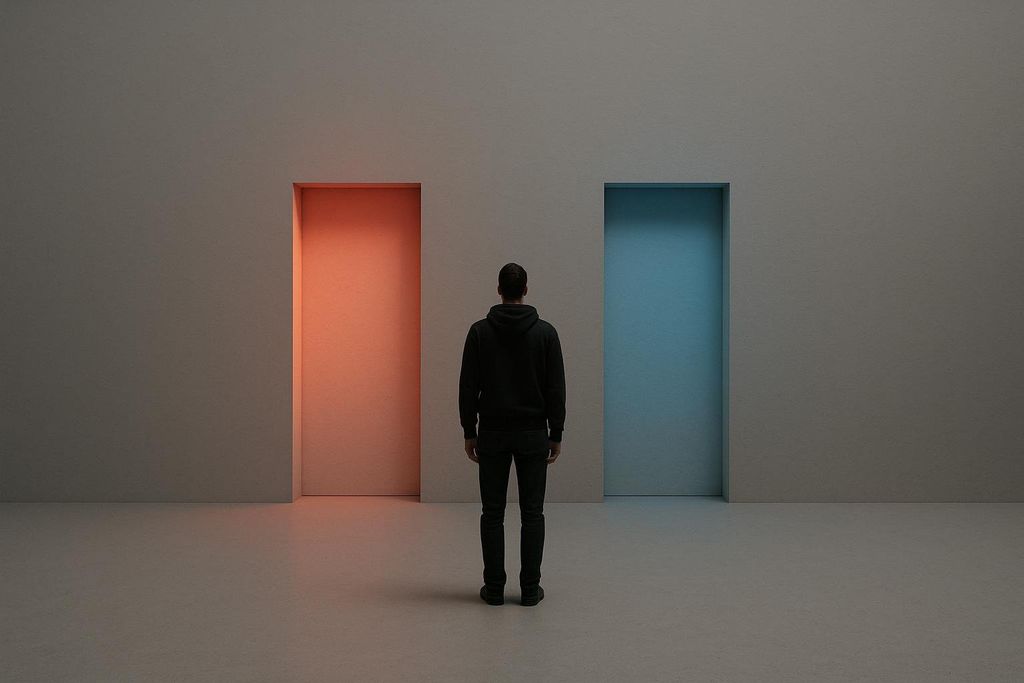 A person stands with their back to the viewer, facing a wall with two illuminated door frames. The door frame on the left glows red-orange, while the one on the right glows blue, symbolizing a choice or decision to be made.
