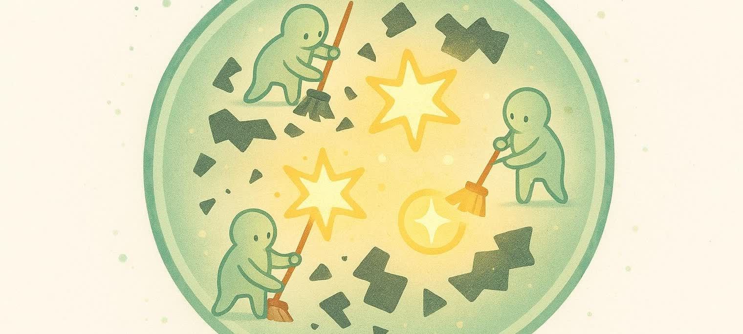 Illustration of cellular autophagy metaphor showing three small, green, stick-figure-like characters sweeping shattered waste and converting it into sparkling energy (stars and glowing circles) inside a larger, circular cell.