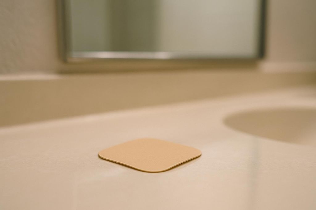 Close-up of a nicotine patch on a bathroom counter.