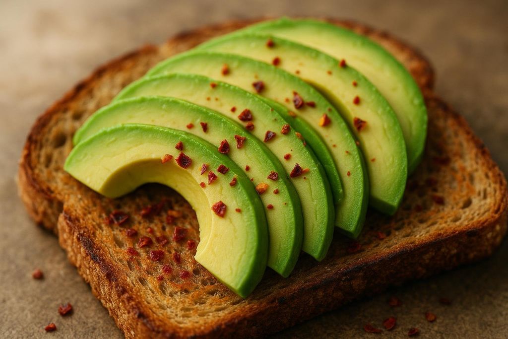 Close-up of avocado toast with sliced green avocado and red chili flakes on crispy whole-grain bread.
