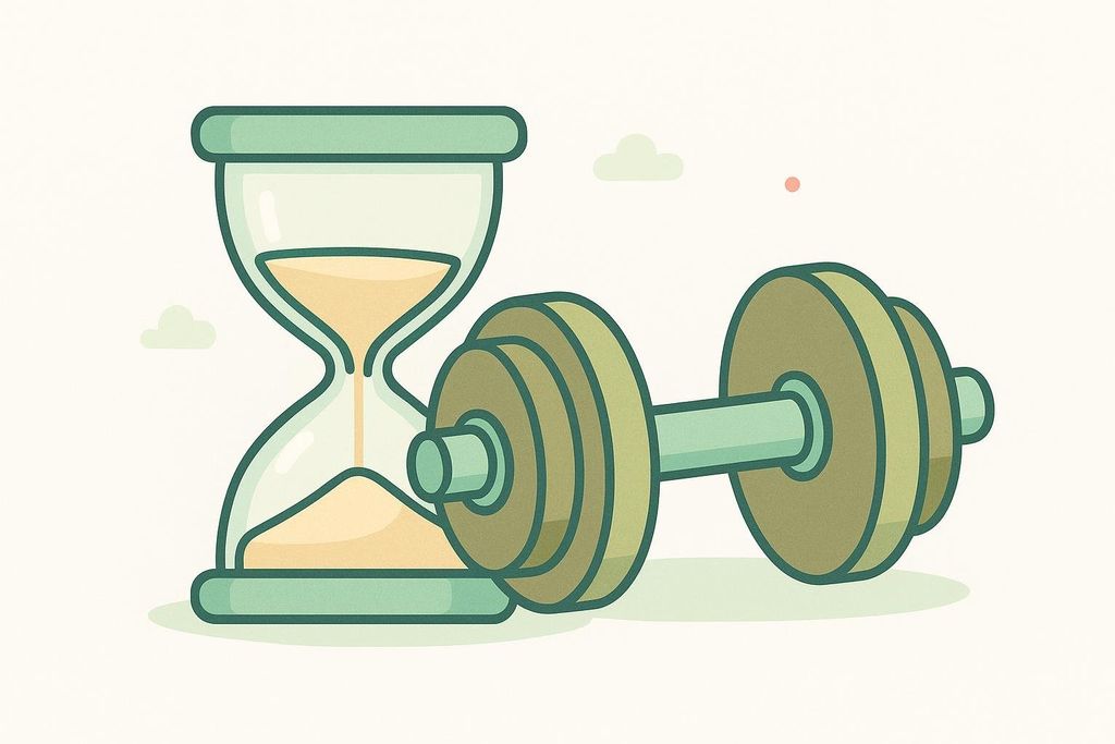 An illustration of an hourglass next to a dumbbell, symbolizing workout rest intervals or the passage of time during exercise.