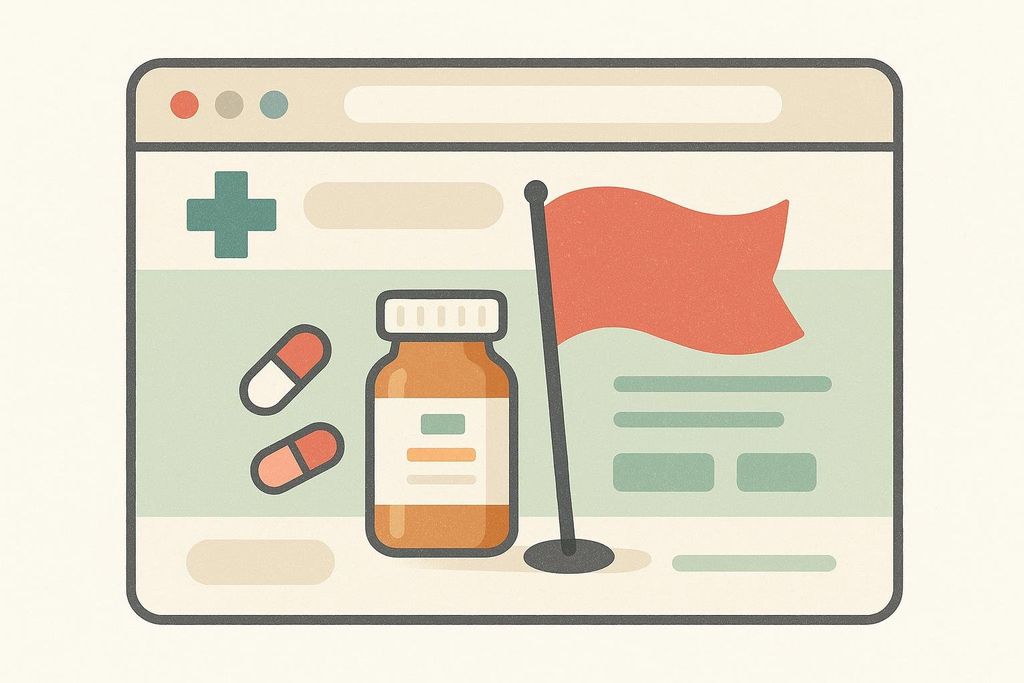 An illustration of a web browser displaying pharmaceutical elements like pills and a medicine bottle, with a prominent red flag. This symbolizes caution and red flags when searching for an online pharmacy.