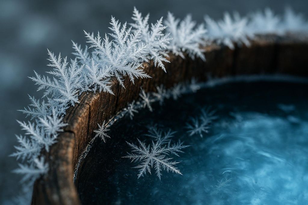 Close up of frost forming on a wooden rim above cold water.