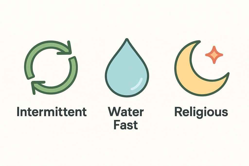Three icons representing different types of fasting. From left to right: a circular arrow icon for intermittent fasting, a water drop icon for water fasting, and a crescent moon and star icon for religious fasting.