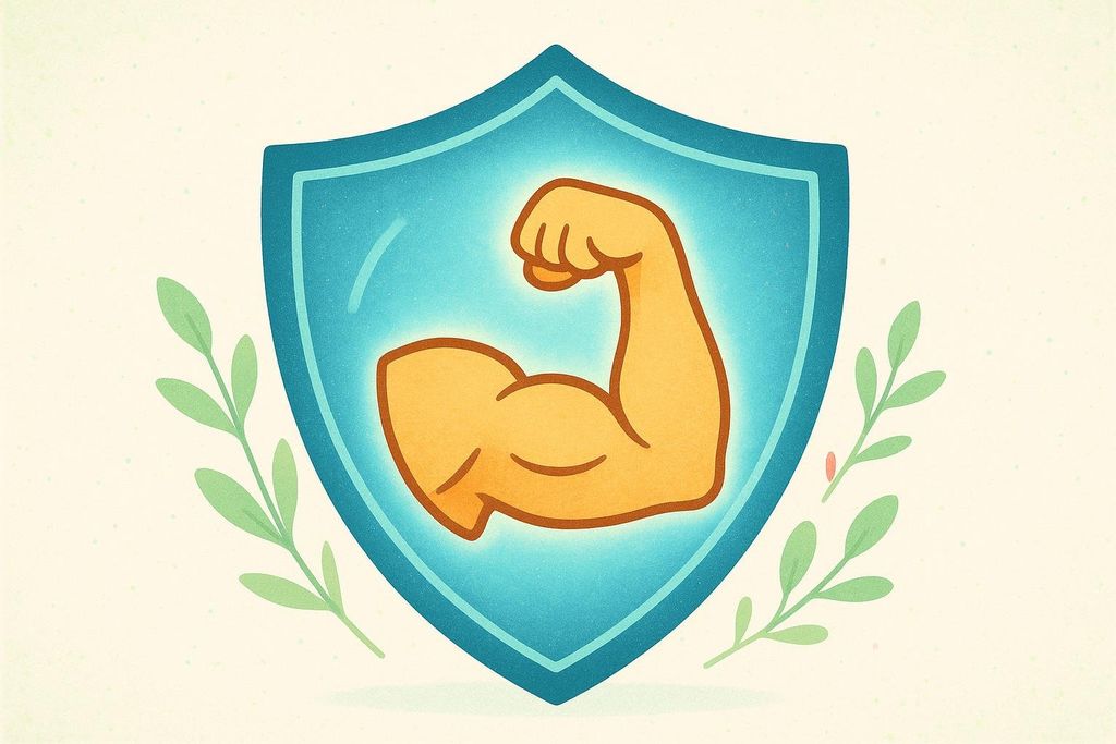 An illustration of a bright blue shield with a glowing yellow flexed bicep icon inside. Green laurel leaves are on either side of the shield.