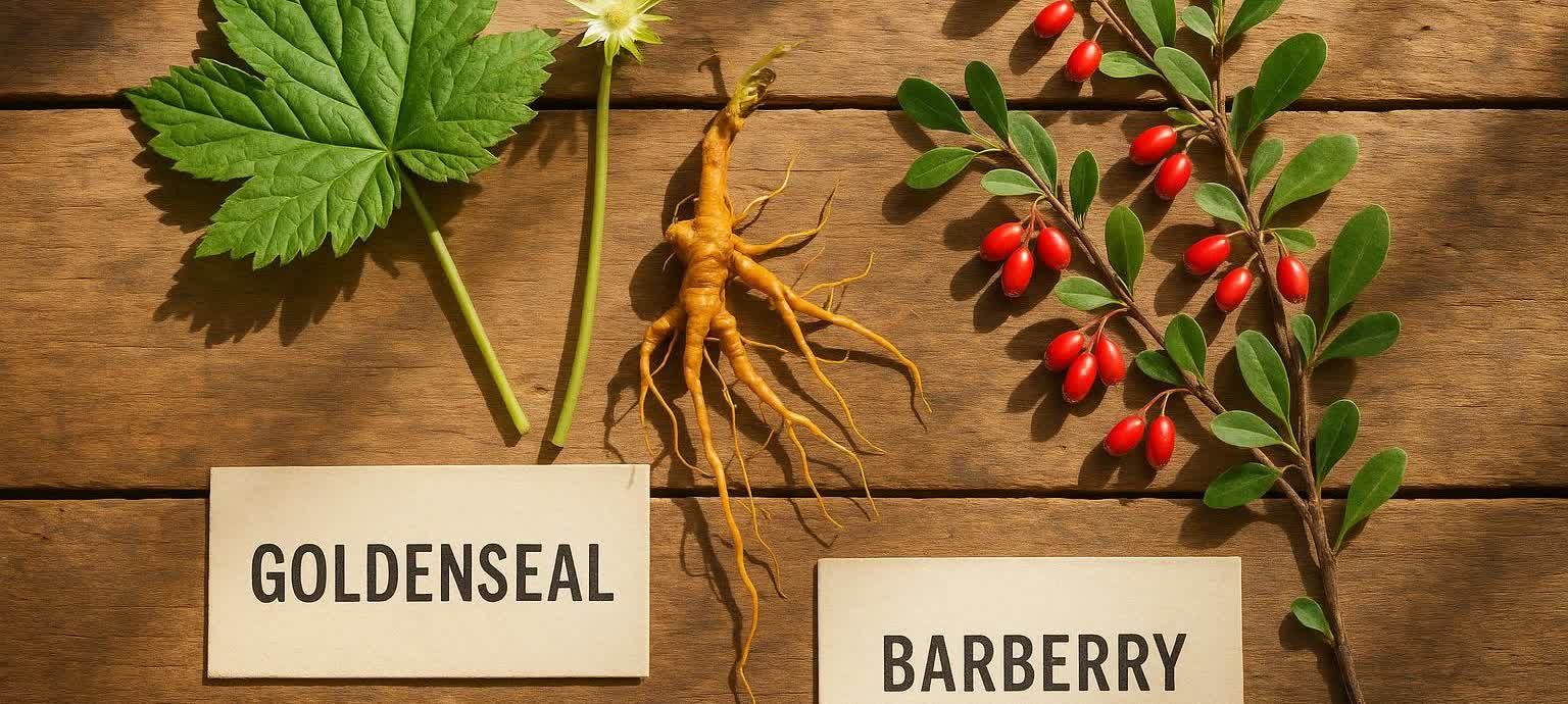 Goldenseal and barberry plants on a rustic wooden table. The goldenseal includes its leaf, flower, and root. The barberry is a sprig with red berries. Labels identify each plant.