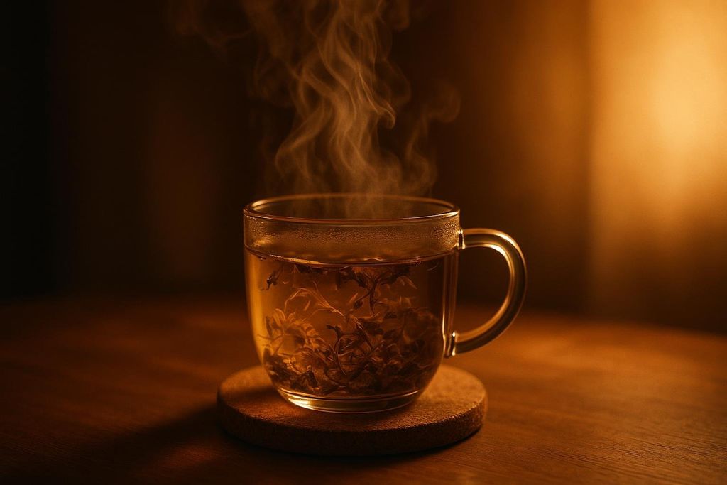 A clear glass mug of steaming herbal tea sits on a wooden coaster, emitting wisps of steam against a warm, dimly lit background.