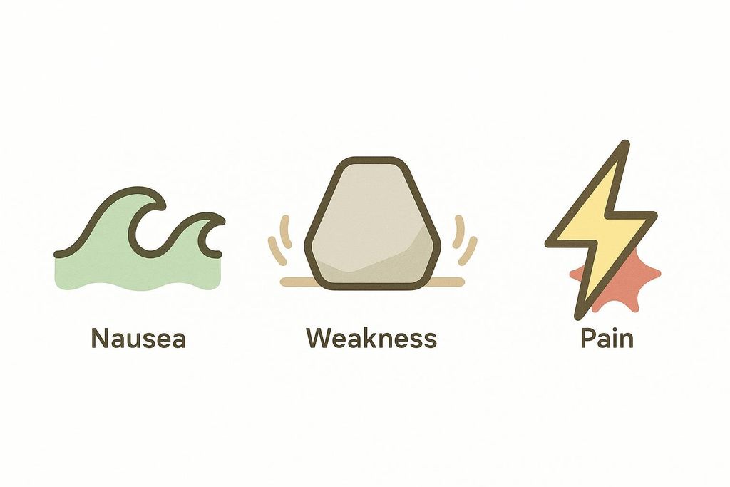 Three icons illustrating symptoms: a green wavy line for nausea, a shaking rock for weakness, and a yellow lightning bolt over a red burst for pain. Each icon has the corresponding symptom label below it.