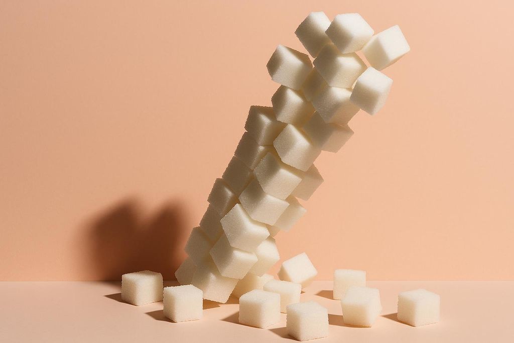 A tumbling stack of white sugar cubes representing hidden calories.