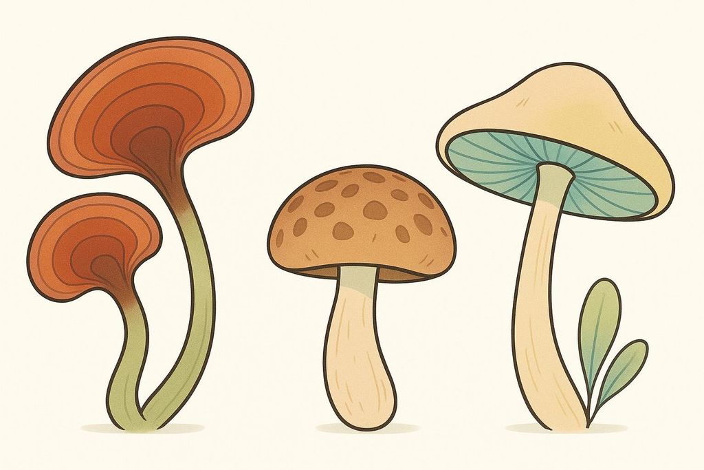 Stylized illustration of Reishi and Shiitake mushrooms, representing AG1's functional mushroom complex.