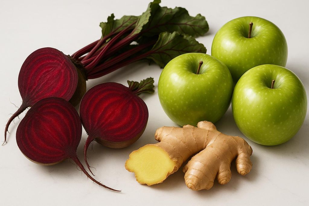 A close-up shot of three green apples, two halved red beets showing their rings, and two pieces of ginger, one sliced open, arranged on a light surface.