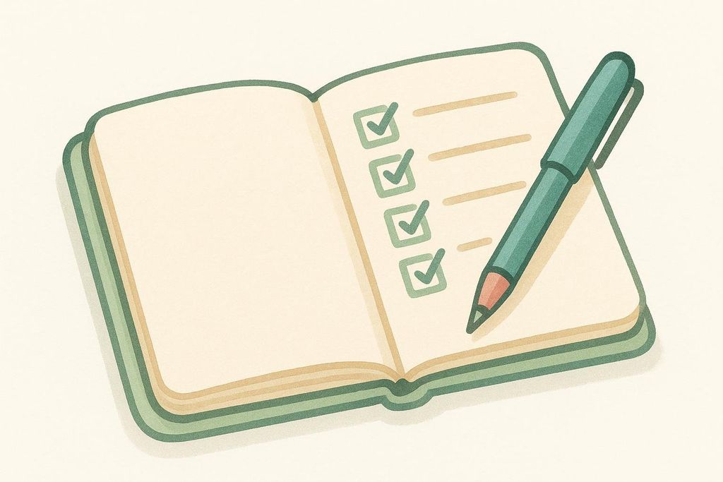 An illustration of an open notebook with checkboxes and lines on the right page, and a green pen resting on it. All the checkboxes are marked with a green checkmark.