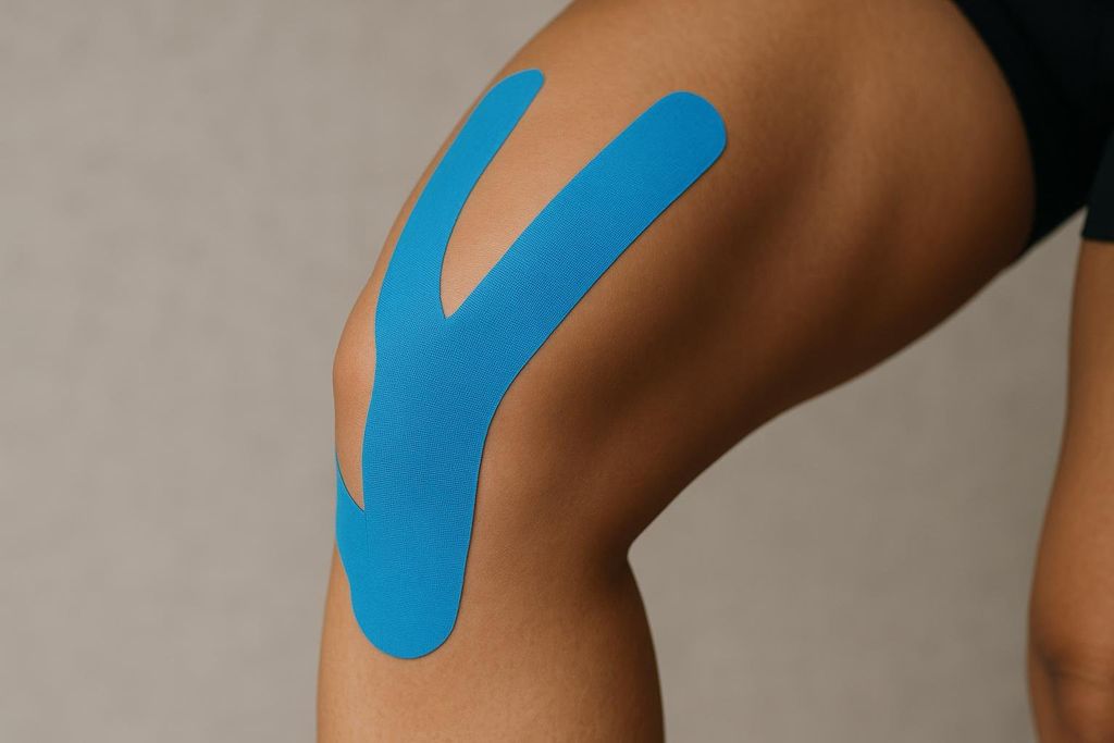 Close-up of a knee with blue Y-shaped kinesiology tape applied for support. The tape follows the contours of the knee and upper leg.