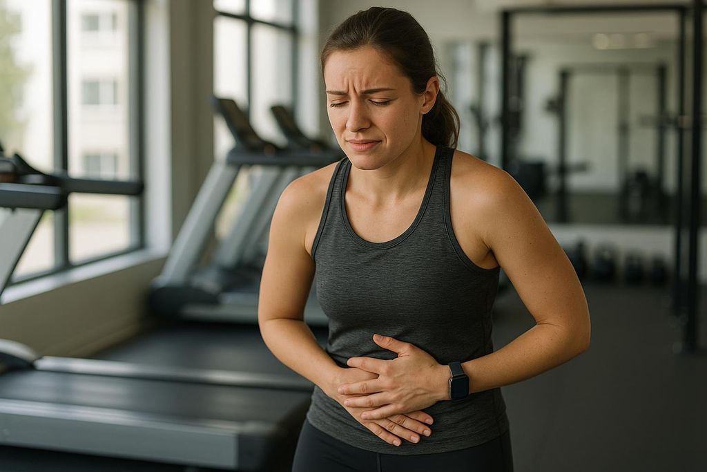 A woman in a gym holding her stomach with a pained expression on her face, possibly experiencing stomach discomfort.