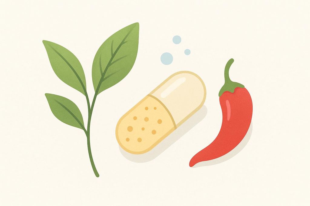 A stylized illustration showing a green tea leaf branch, a light yellow supplement capsule, and a red chili pepper, representing natural ingredients for supplements. Light blue bubbles are above the capsule.