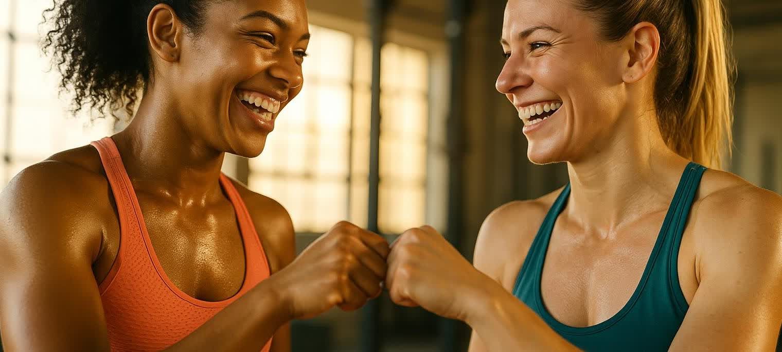 Two smiling women, one Black and one white, wearing athletic tops, happily fist-bumping in a brightly lit gym. Both women are glistening with sweat, indicating a recent workout.