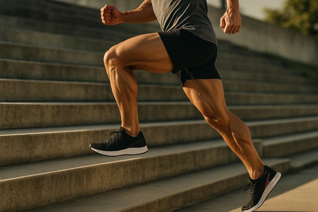 Close-up of an athlete using powerful single-leg strength to run up outdoor concrete stairs.