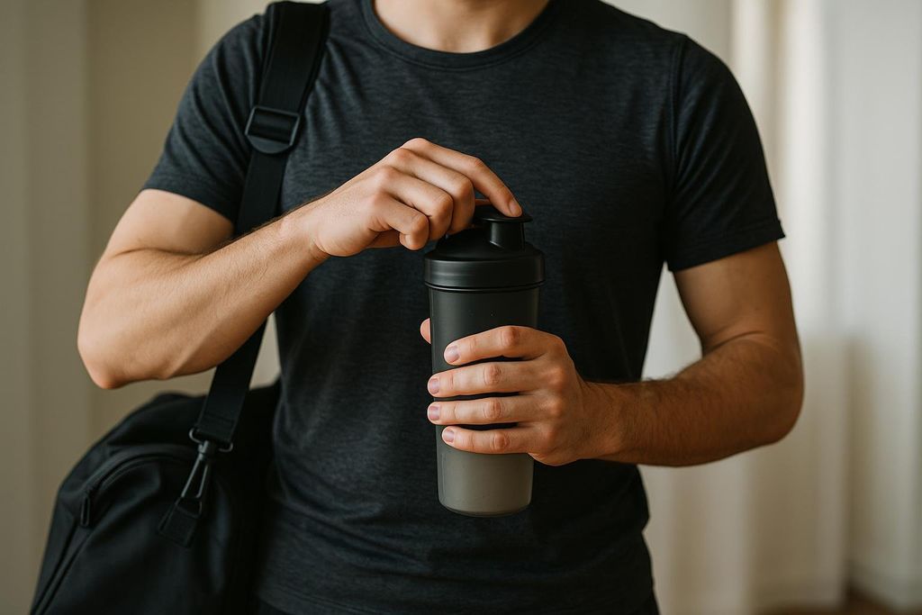 An athlete with a gym bag on their shoulder closing a black and grey protein shaker bottle with both hands.