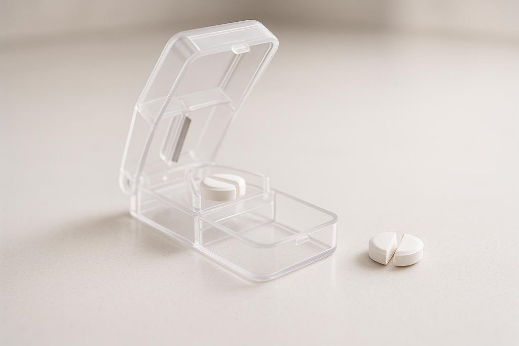 A clear plastic pill cutter with a white, round tablet inside, cut in half. Another half tablet lies on the light-colored surface next to the pill cutter.