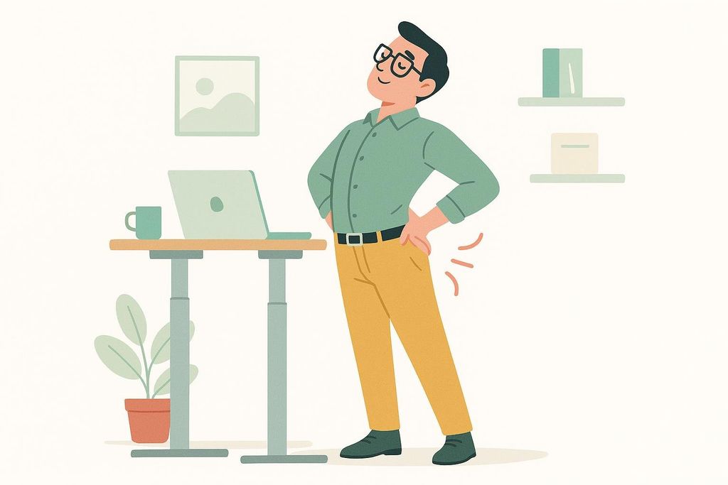 An illustration of an office worker in a green shirt and yellow pants stretching their spine by arching their back and placing hands on their hips, next to a standing desk with a laptop and coffee mug.
