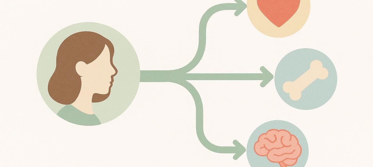 An abstract illustration of a decision tree showing different health pathways related to menopause, including heart, bone, and brain health, originating from a woman's silhouette.