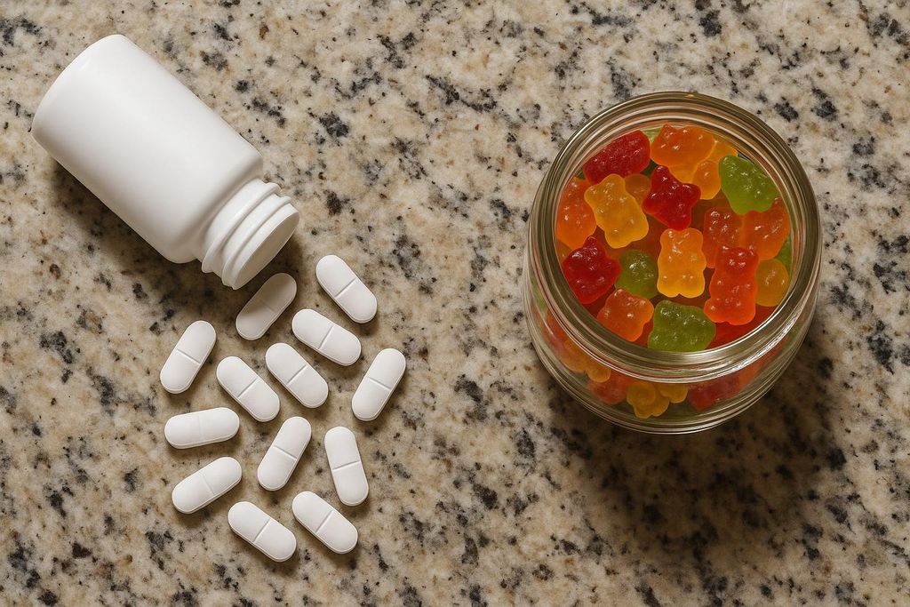 A side-by-side comparison of a spill of white oval pills from an overturned bottle next to a glass jar filled with colorful gummy bear vitamins on a speckled countertop.