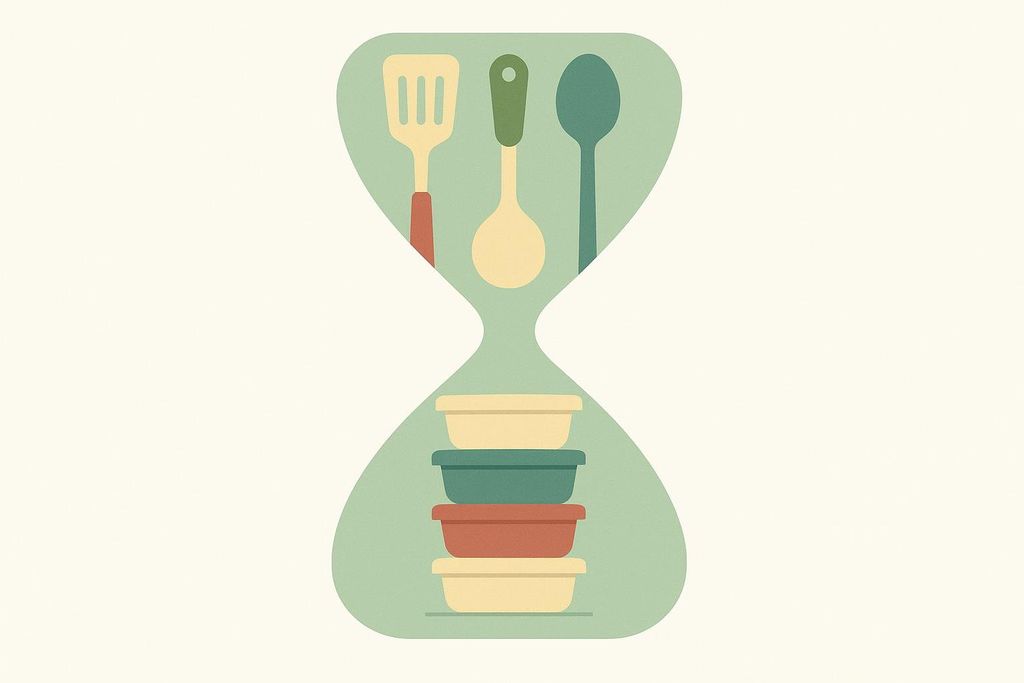 An hourglass-shaped illustration. In the top bulb are kitchen utensils (spatula, serving spoon, regular spoon). In the bottom bulb, there is a stack of four food storage containers. The hourglass itself is a light green color against an off-white background. This conceptual art represents efficient meal batch cooking.