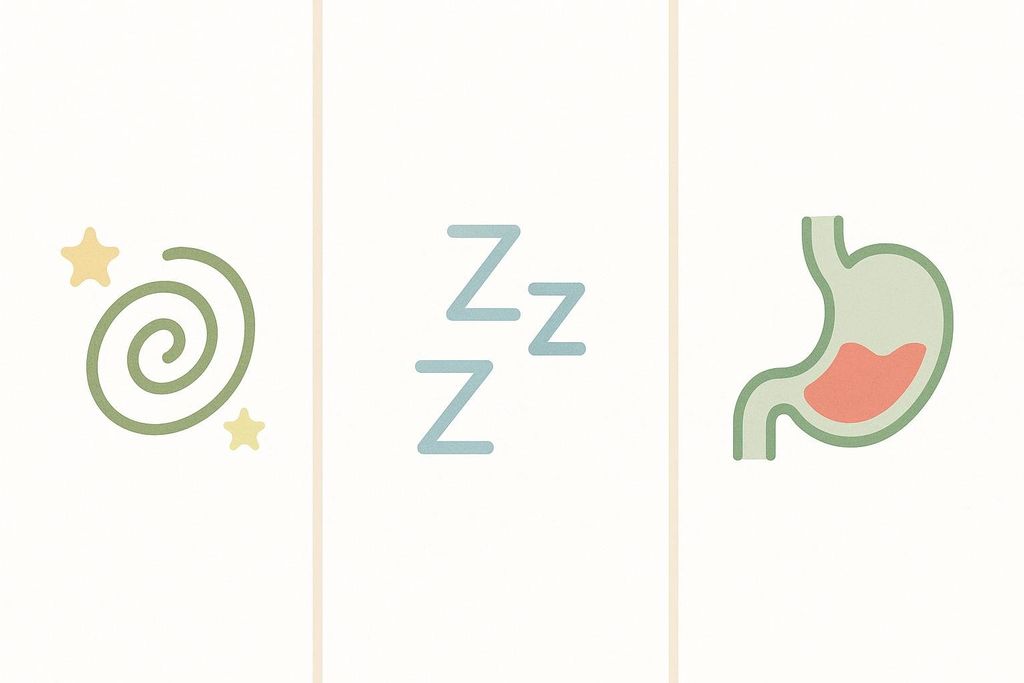 Three icons representing medication side effects: a green swirl with stars for dizziness, blue 'Zz' for drowsiness, and a green stylized stomach with red content for nausea.