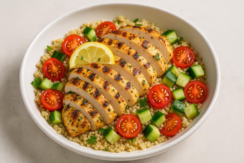 A white bowl filled with sliced grilled chicken breast, tiny golden quinoa, halved cherry tomatoes, diced cucumbers, and a lemon wedge, garnished with fresh parsley.