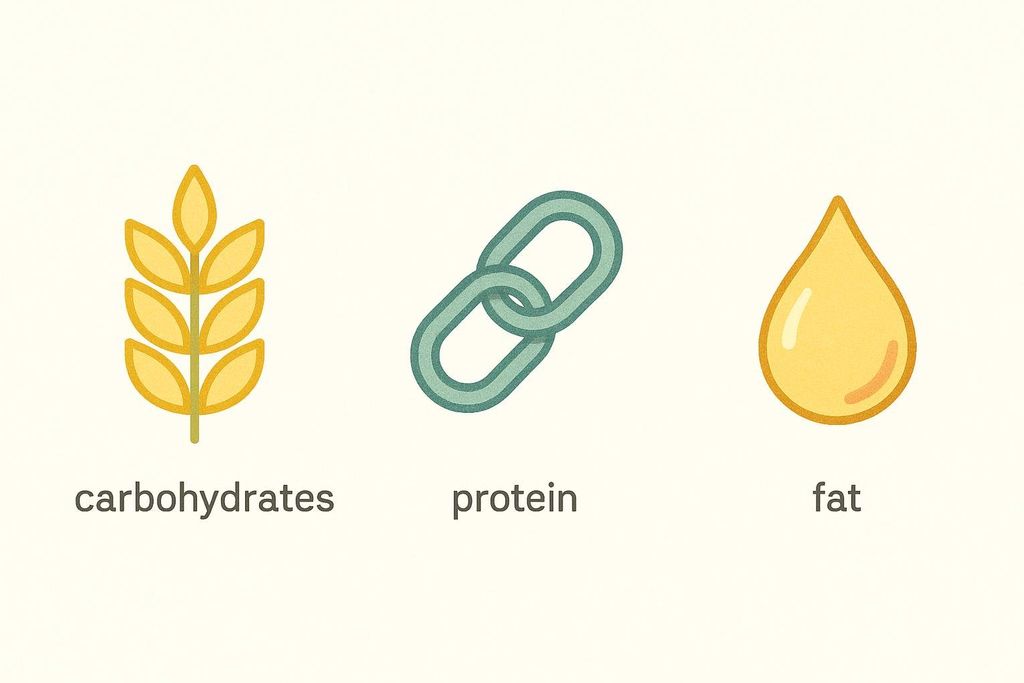 Three simple icons representing the macronutrients: a wheat sheaf with the word 'carbohydrates', a chain with the word 'protein', and an oil drop with the word 'fat'.