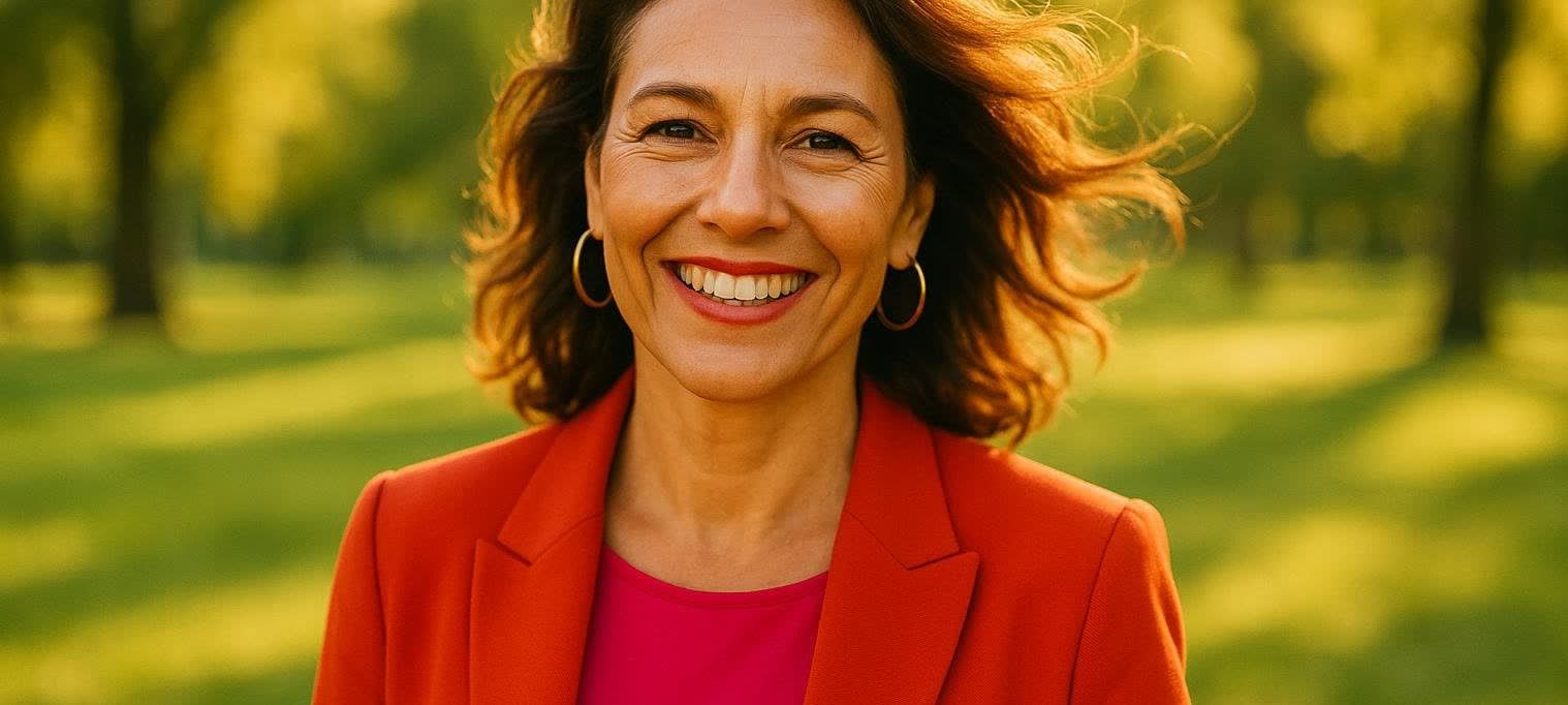 A smiling woman in her late 40s looking confident outdoors, representing a positive approach to perimenopause, with blurred green trees and grass in the background.