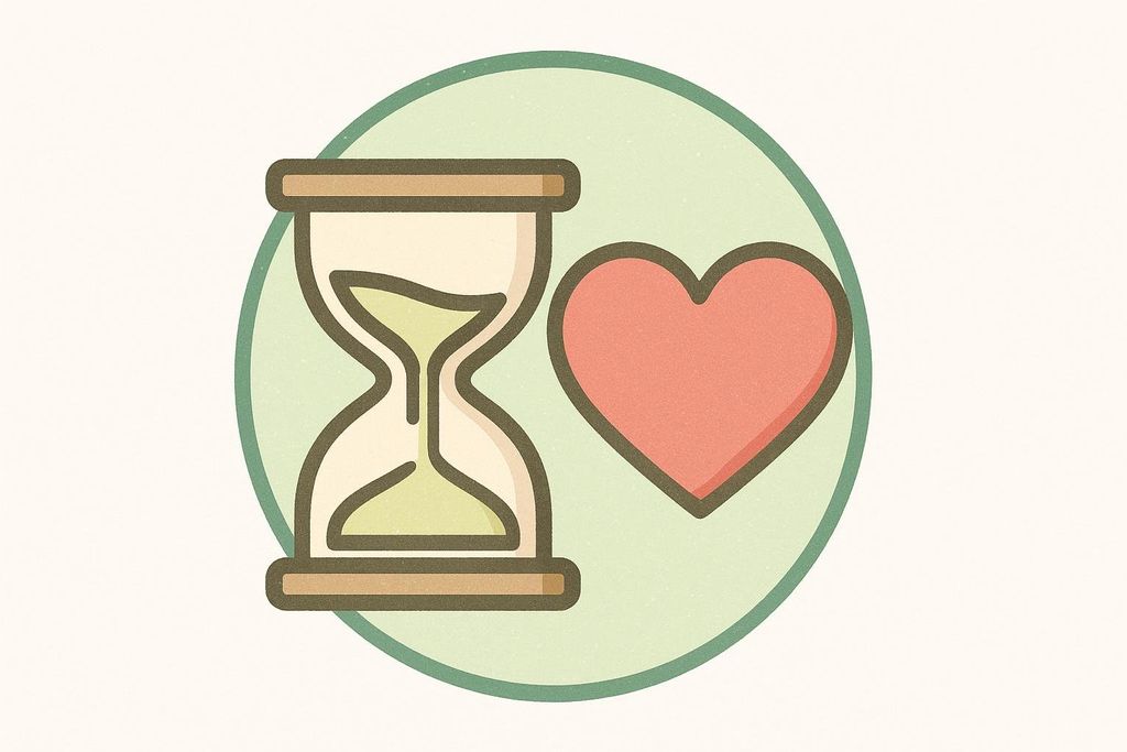 An illustration of an hourglass next to a red heart, both within a light green circle. The sand in the hourglass is light green, representing the concept of timed recovery or healing over time.