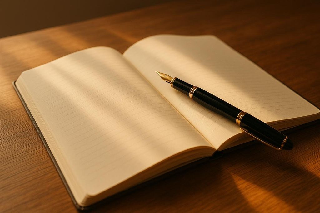 An open, blank lined notebook with a black and gold fountain pen resting on its pages, illuminated by soft sunlight. The notebook and pen are on a wooden surface.