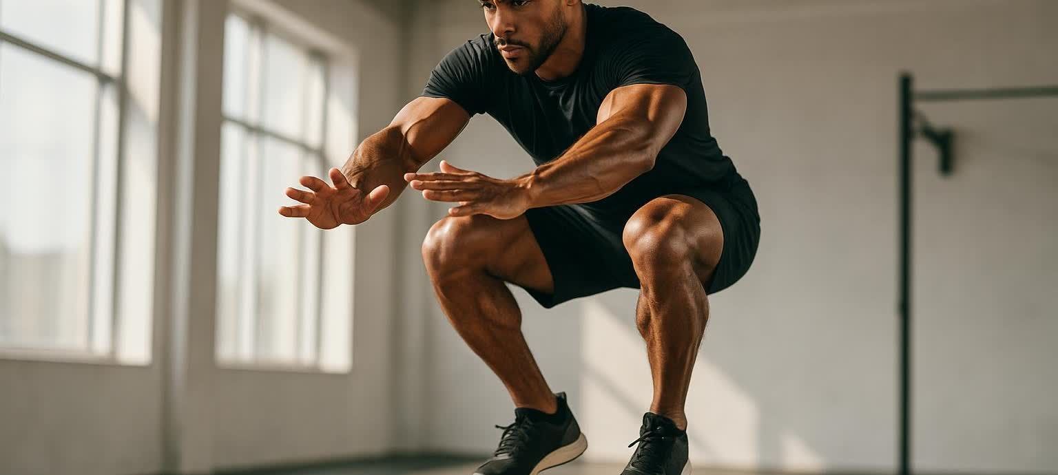 A fit man in a black t-shirt and shorts performs a deep squat in a brightly lit gym, his arms extended forward for balance.